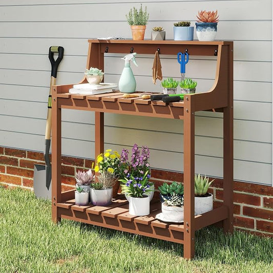 Garden Potting Bench for Outside, HDPE Outdoor Potting Table with Storage Shelves & Tool Hooks, All Weather Planting Workstation for Patio Backyard Garden (Brown)