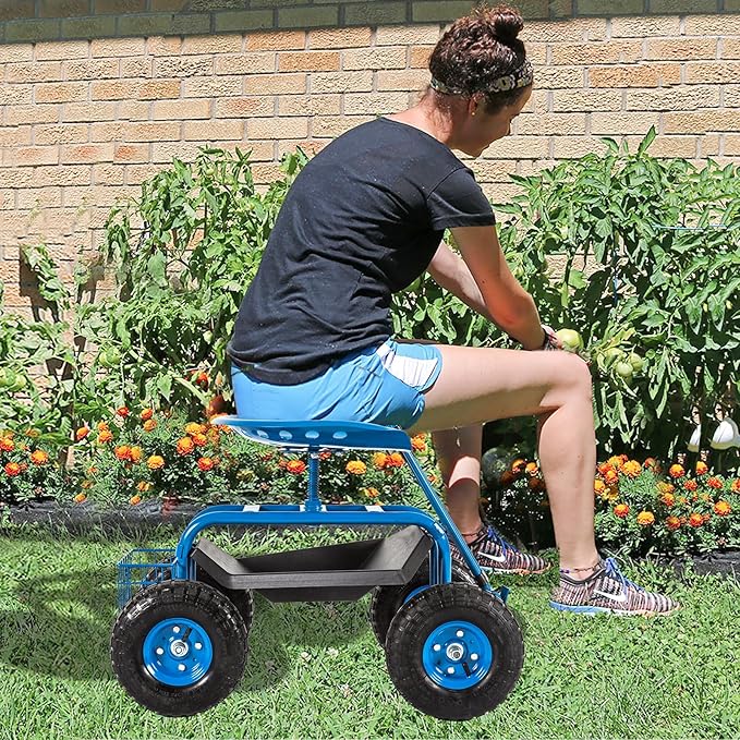 kinbor Garden Cart Rolling Work Seat with Tool Tray Outdoor Utility Lawn Patio Yard Wagon Scooter for Planting with Adjustable Handle 360 Degree Swivel Seat, Blue