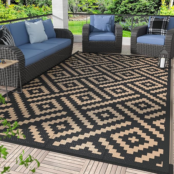 GENIMO Outdoor Rugs 8'x10' Waterproof, Reversible Mats, Area Plastic Straw Rug, Outside Carpet, Geometric Rv Mat for Patio Camping Rv Picnic Backyard Deck Balcony Porch Beach Trailer (Black & Brown)