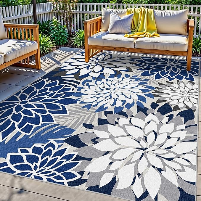 4x6 Outdoor Area Rug Washable Multicolored Patio Rug Tropical Botanical Floral Chenille Waterproof Outdoor Carpet for Living Room, Deck, Backyard, Porch, Blue