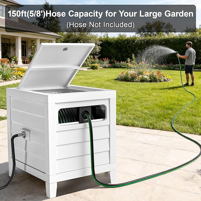 Metal Garden Hose Reel Box, Heavy Duty 150Ft 5/8" Large Capacity Hose Storage Deck Box with Hose Guide, 6Ft Leader Hose, Leak-Proof Aluminum Water Connection, Manual Crank Handle Easy Essemble (White)