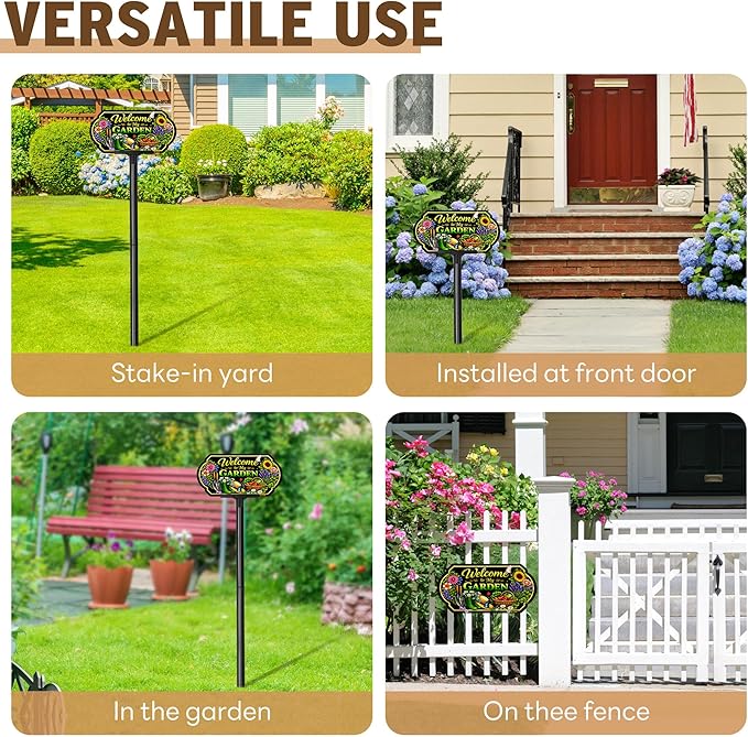 Welcome to My Garden Sign Outdoor Decor, 10x5 Inch Adjustable 24" & 37" Height Aluminum Garden Yard Sign with Stake, UV Printed Metal Garden Sign for Lawn Fence Wall, Gift for Gardeners