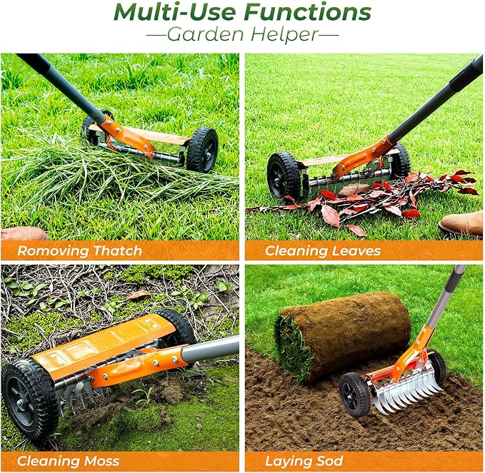 Walensee Dethatching Roller Rake with 76.8'' Adjustable Handle, Lawn Dethatcher Rake with 2mm Stainless Steel Blades,Thatch Remover, Soil Aerator & Loosening Tool for Moss, Leaves, Yard Lawn Care
