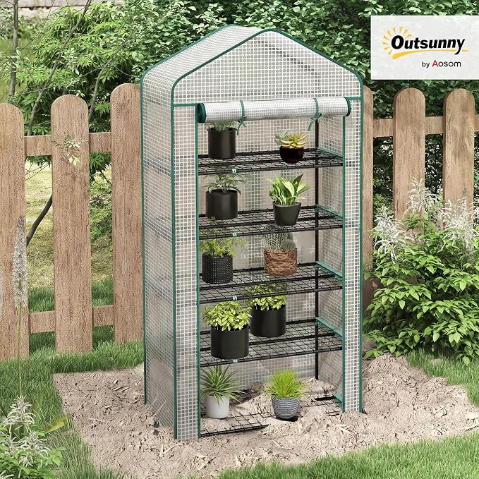 Outsunny 5 Tier Mini Greenhouse, 76" x 35.4" x 19.3" Small Portable Greenhouse with Reinforced PE Cover, Roll-Up Zippered Door, for Indoor Outdoor Garden Yard Backyard, White