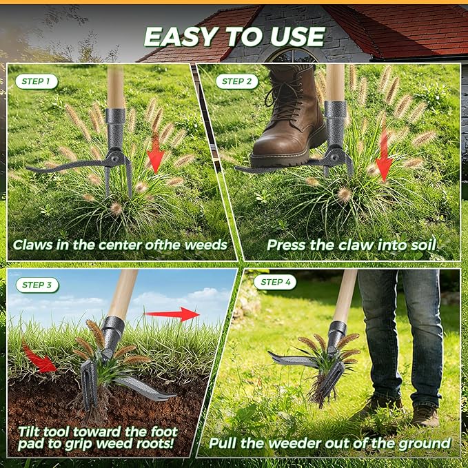 Weed Puller Tool, Stand Up Heavy Duty Weed Remover Tool with Long Handle – 4-Claw Steel Head Weeder for Dandelions, Bamboo Garden Hand Weeding Tool, No Kneeling for Easy Root Removal