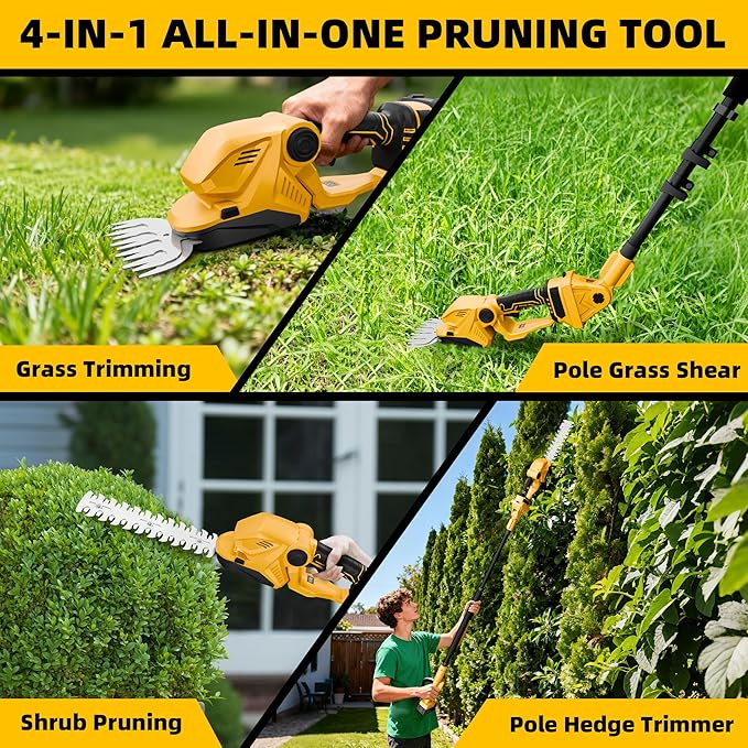 4-in-1 Pole Hedge Trimmer & Cordless Grass Shears,2×4.0 Ah Batteries & Included Charger,Dual Blade Design,Extension Tree Pruner,Bush Trimmer for Tree Trimming/Garden/Lawn
