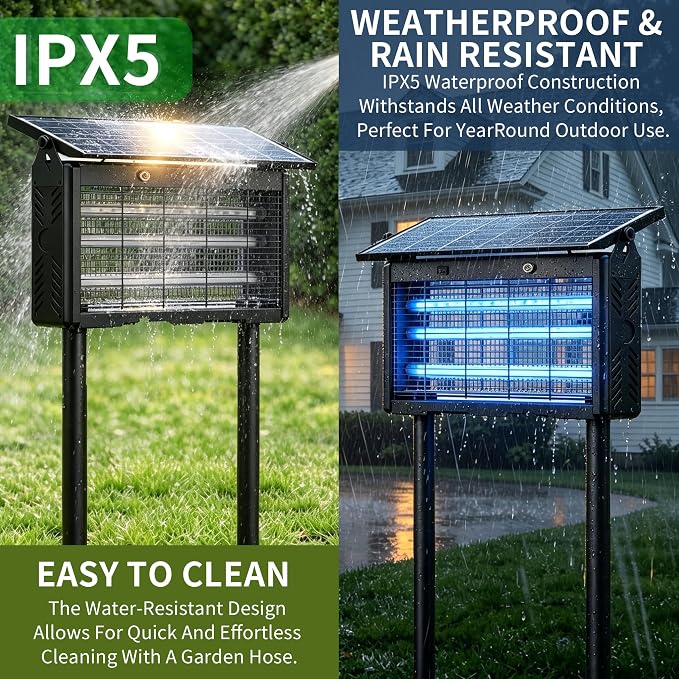 18W Solar Bug Zapper Outdoor | 9600mAh, 365–395nm UV, Dusk-Dawn Sensor, IPX5 Waterproof, 20ft Cord, Indoor & Outdoor for Home, Patio, Garden, Deck, Camping