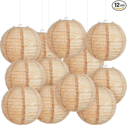 Hortsun 12 Pcs Print Burlap Paper Lanterns Round Chinese Paper Lanterns Farmhouse Boho Classroom Home Decor Classroom Sweet Birthday Party Ceremonial Event (10 Inch)