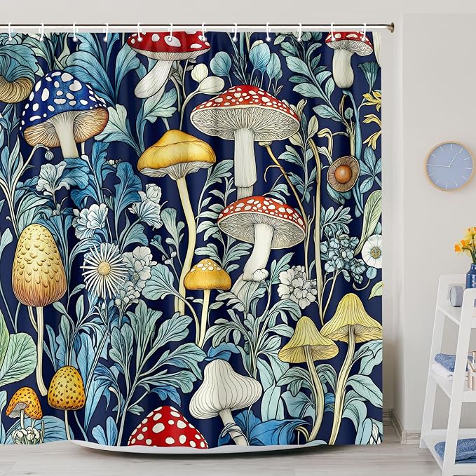 Rustic Boho Mushroom Shower Curtain, Vintage Chic Dark Mushroom Botanical Floral Farmhouse Cottagecore Aesthetic Shower Curtains with Hooks, Fairy Witchy Plant Shower Curtain for Bathroom 72X72,Blue