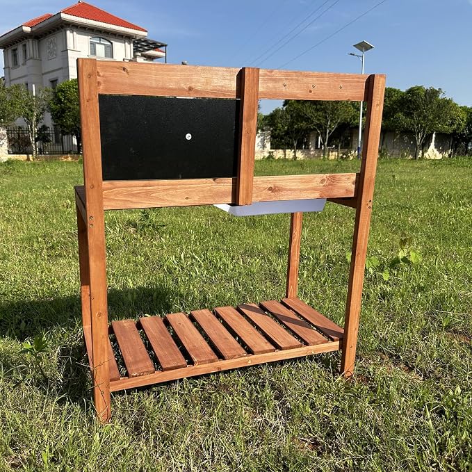 Wooden Potting Bench with Chalkboard, Removable Basin, Storage Shelf and Hooks, Outdoor Garden Work Table,Educational Gardening Tools, Natural Wood Finish (Paint Red)