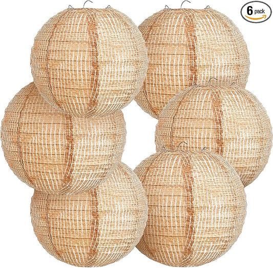 Hortsun 6 Pcs Print Burlap Paper Lanterns Round Chinese Paper Lanterns Farmhouse Boho Classroom Home Decor Classroom Sweet Birthday Party Ceremonial Event (10/12 Inch)