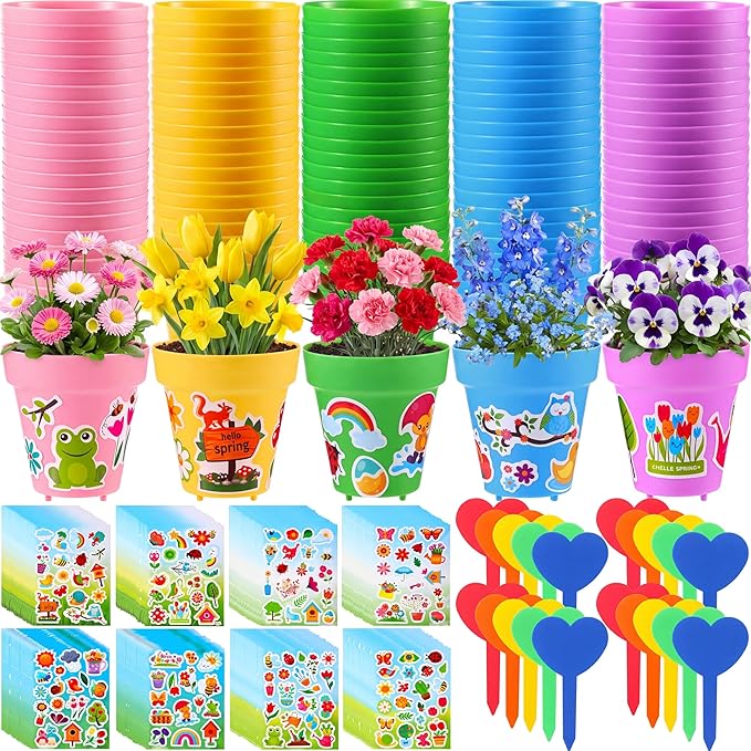 100 Sets Garden Pot Craft Kit, Flower Plant Spring Craft Including Plastic Nursery Plant Pots Labels Tags Stickers for DIY Flower Planting Growing Birthday Arts Kit (Macarons)