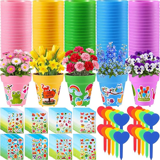 100 Sets Garden Pot Craft Kit, Flower Plant Spring Craft Including Plastic Nursery Plant Pots Labels Tags Stickers for DIY Flower Planting Growing Birthday Arts Kit (Macarons)