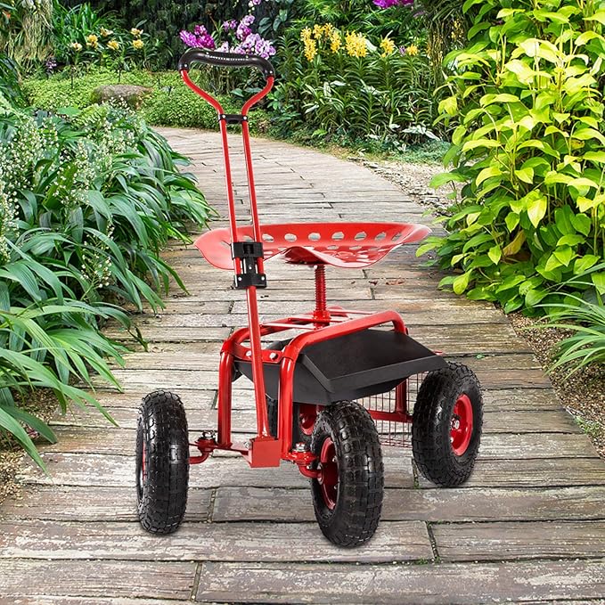 Garden Cart Rolling Work Seat 4-Wheel Mobile Patio Wagon Scooter for Planting, Adjustable Handle 360 Degree Swivel Seat, Red