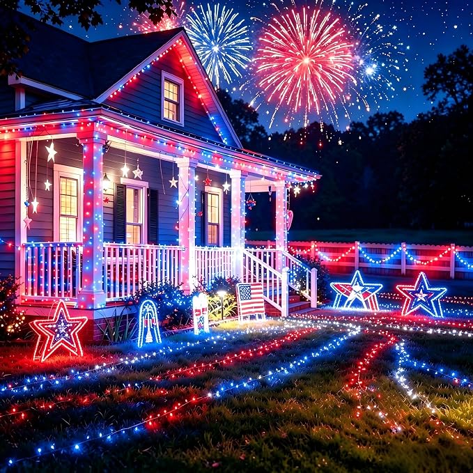Joomer Red White Blue Solar Fairy Lights, 4th of July Memorial Day Decor, 2 Pack 39FT 120 LED String Light, 8 Lighting Modes with Memory, Waterproof Outdoor Patriotic Lights for Independence Day Decor