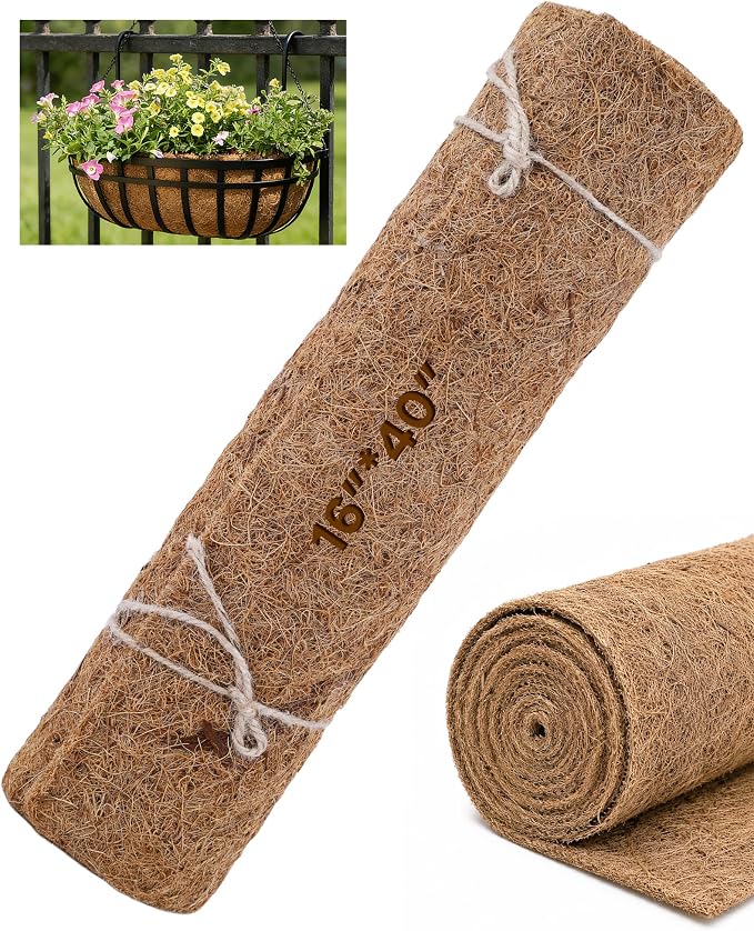 Coco Liners for Planters - Thick Coconut Fiber, Pre-Drained Planter Liner, Reptile Bedding & Garden Mat | 100% Natural & Biodegradable Coconut Coir for Plants (16" x 40")