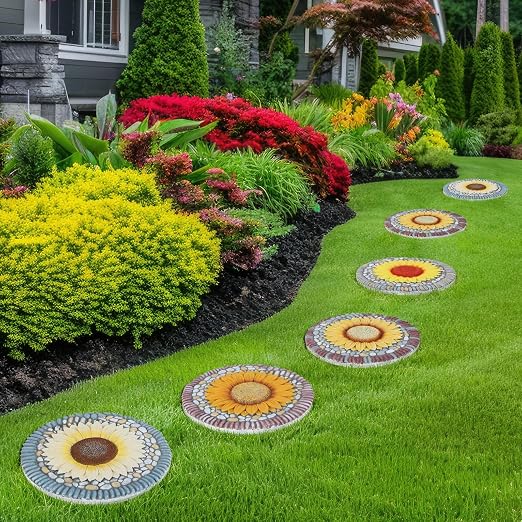 4 Pack Sunflower Stepping Stones for Garden, 10-Inch Faux Stepping Stones Outdoor, Decorative Hand-Painted Garden Stones, Weather-Resistant Pathway Stones for Walkway Yard Patio, Large Stepping Stones