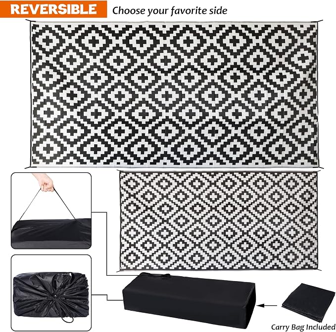 SAND MINE Waterproof Outdoor Rug 9x18 ft, Plastic Straw Rug, Modern Area Rug, Large Floor Mat, RV, Patio, Backyard, Deck, Picnic, Beach, Trailer, Camping (9' x 18', Black & White Lattice)