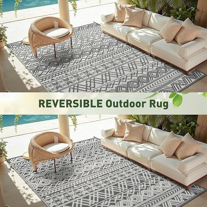 MontVoo Outdoor Rug Carpet Waterproof 9x18 Outdoor Patio Rug Mat Reverisble Plastic Straw Outdoor Rug for RV Camping Picnic Beach Balcony Boho Grey Large