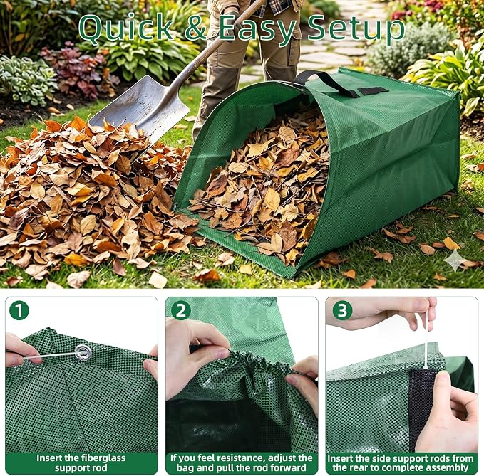 3 Pack 60 Gallon Leaf Collector Bags, Heavy Duty Leaf Pick Up Tool with Fiberglass Support Frame, Reusable Lawn Leaf Pickup Bags, Collapsible Yard Waste Bags for Leaf Cleanup Grass Clippings Debris