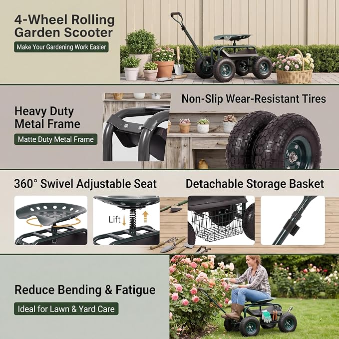 KINTNESS Rolling Garden Stool Cart Work Seat Heavy Duty Wagon Scooter with Extendable Steer Handle Swivel Seat & Utility Basket …