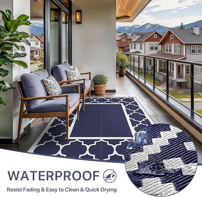 GENIMO 6' x 9' Outdoor Rug Waterproof for Patio Fall Decor, Foldable Reversible Plastic Straw Area Rugs Mat for Camper, Outside Carpet for Rv, Deck, Porch, Picnic, Beach, Balcony, Blue & White