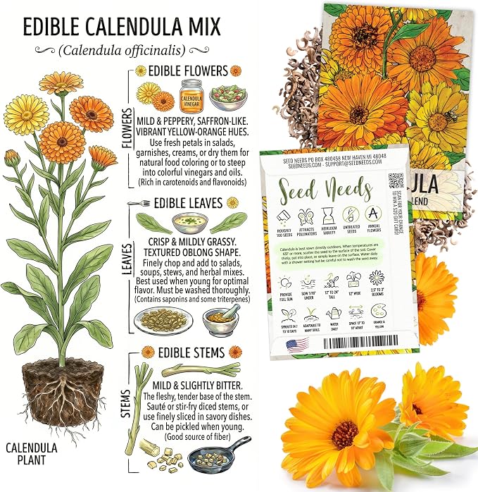 Seed Needs Edible Wildflower Seed Packet Collection (7 Varieties of Flower Seed for Planting) Non-GMO Heirloom & Untreated - Includes Viola, Pansies, Chives, Borage, Calendula, Nasturtium & Bee Balm