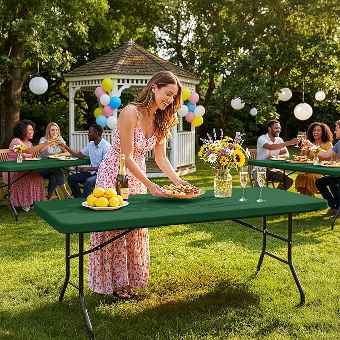 Fitted Tablecloth for 8 Foot Rectangle Tables-6 Pack Hunter Green Elastic Outdoor Picnic Table Cover-Spandex Stretch Christmas Table Cloths 8ft for Camping Dining Patio Kitchen Banquet Party