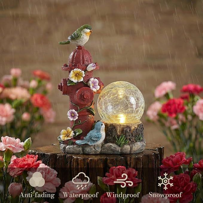 TERESA'S COLLECTIONS Garden Decor, Cute Birds and Hydrant Garden Statue with Solar Light Glass Ball, Waterproof Resin Outdoor Statue, Cute Bird Decor, Garden Gift for Women Mom, Indoor/Outdoor