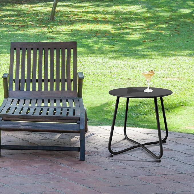 Patio Side Table Waterproof Round Metal Steel Weather Resistant Portable Outdoor and Indoor End Table for Garden Balcony Yard, Black