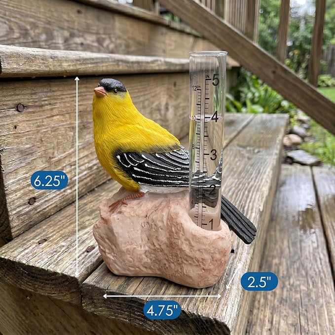 Gift Essentials Goldfinch Decorative Rain Gauge Outdoor - Resin Bird Figurine on Rock Base - Removable Tube Measures Up to 5 Inches of Rainfall - Garden Decor Gift