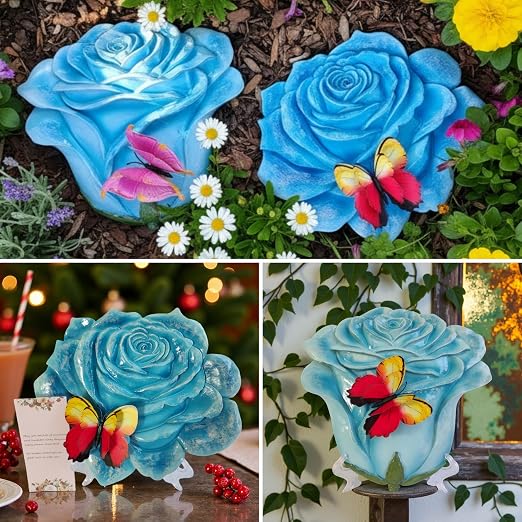 Garden Stepping Stones Outdoor Walkway – Resin Rose Flower Pavers for Path, Lawn & Backyard – Round Decorative Yard Art Decor – Set of 2, Blue