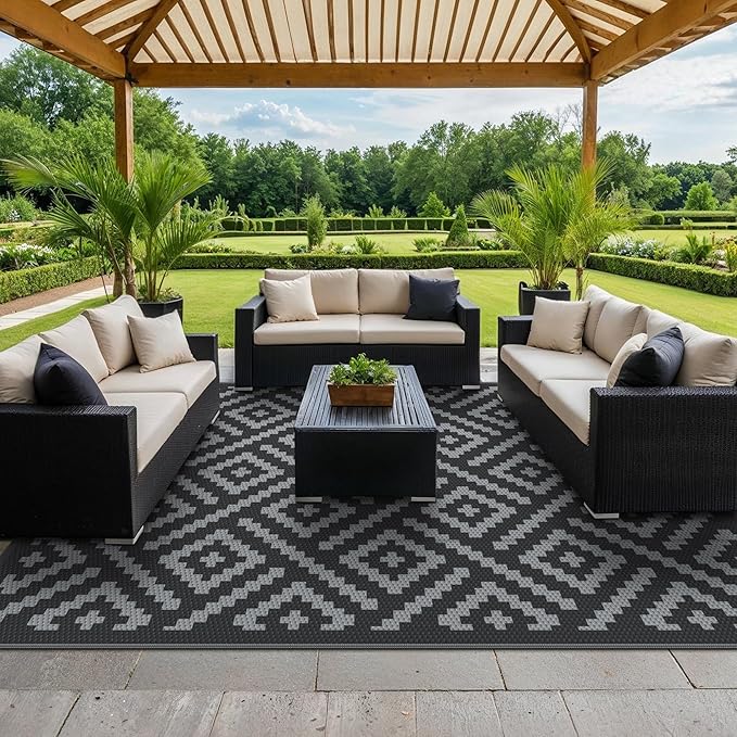 GENIMO Outdoor Rugs 8'x10' Waterproof, Reversible Mats, Area Plastic Straw Rug, Outside Carpet, Geometric Rv Mat for Patio Camping Rv Picnic Backyard Deck Balcony Porch Beach Trailer (Black & Grey)