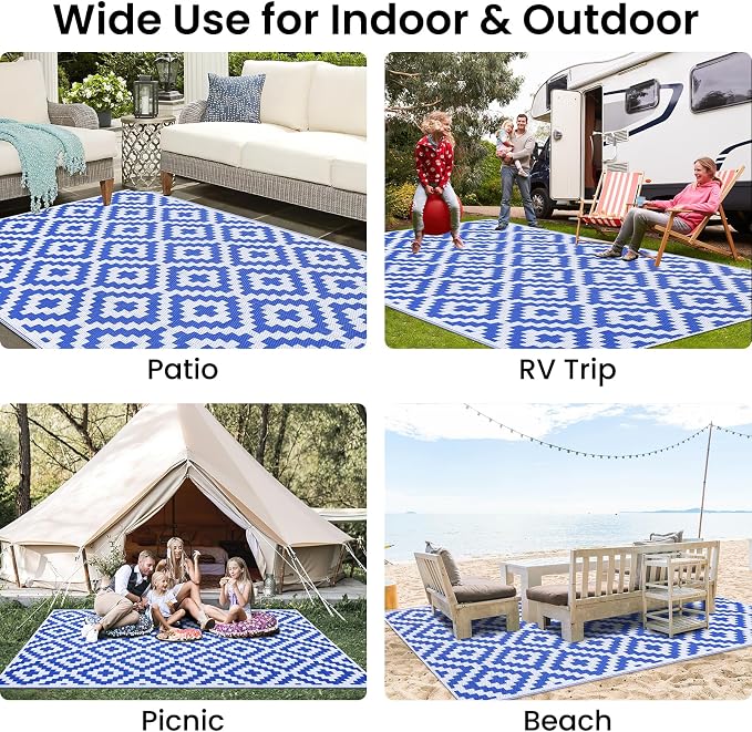 Smiry Waterproof Outdoor Rug 9x12 ft, Reversible Plastic Straw Patio Camping Rugs, Outdoor Indoor RV Mat Carpet for Patio, Outside Entry, Backyard, Deck, Bench, Picnic, Camper, White & Blue