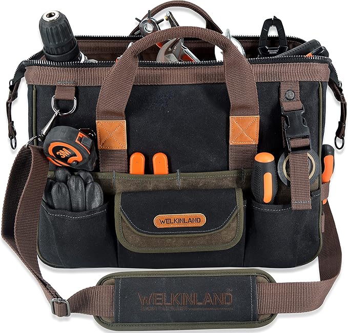 WELKINLAND 32-Pockets Waxed Canvas tool bag, Heavy-Duty Electrician tools bag, HVAC tool bags, Tool bag organizer, 16" Tools bag carrier for men, Tool bags for electricians