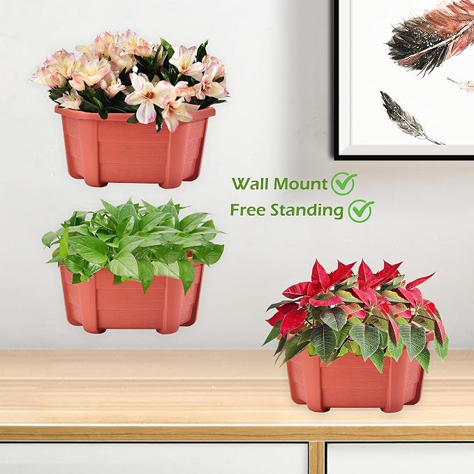 ORIMERC 9.8 inch 3 Pack Brick Red Wall Hanging Planters for Indoor Outdoor Plants Hanging Plant Holder with Drainage Hole Fence Balcony Planters Railing Hanging Pot Plant Wall Mount Decor with Hooks