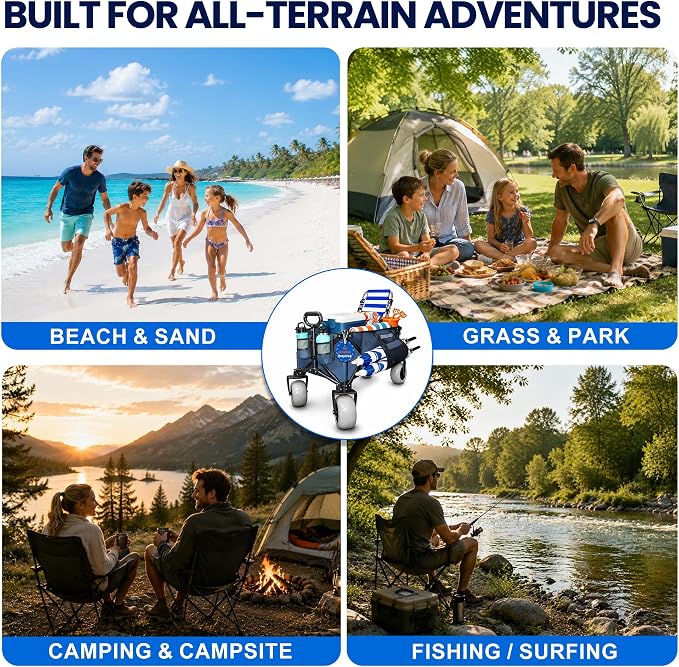 X800 Heavy Duty Beach Wagon with 9x4 Sand-Proof All-Terrain Wheels, 300L Oversized Foldable Wagon Cart with Side Bag, All-Terrain Utility Wagon for Beach Essentials, Sport, Camping (Navy Blue)