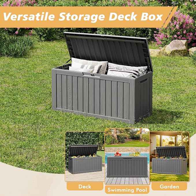 Fancyango 90 Gallon Outdoor Deck Box Waterproof, Large Storage Box for Patio, Resin Storage Bench Lockable for Garden Tools, Package Delivery, Grey
