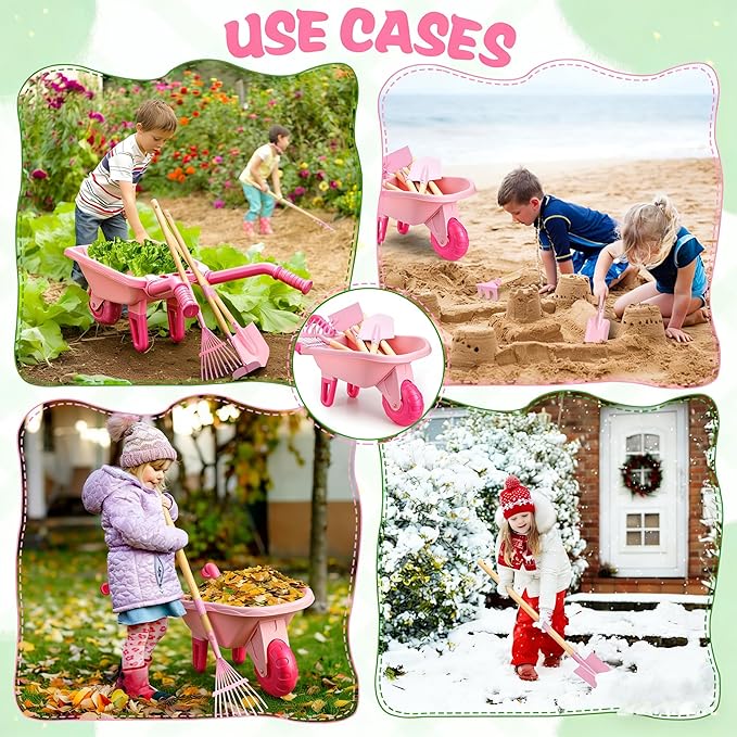 Kids Gardening Tools Set with Wheelbarrow, Wooden & Metal Outdoor Gardening Toys for Summer Outdoor Yard Digging & Weeding, Easter Birthday Gifts for Boys Girls Age 3+ Years (Pink)