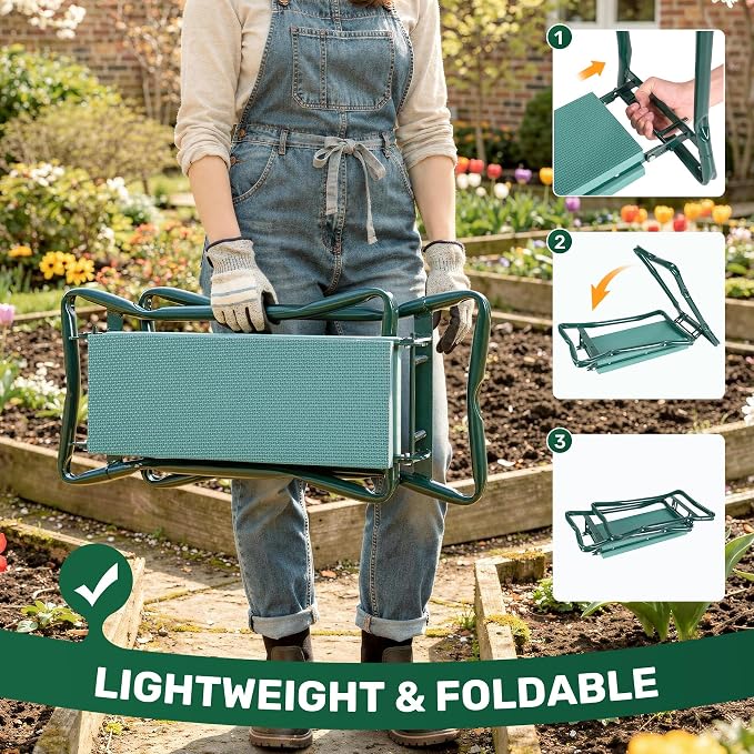 Garden Kneeler and Seat, 2-in-1 Gardening Kneeling Bench, Foldable Heavy Duty Garden Stool with Cushioned Pad, Gardening Gifts for Seniors Women -1PCS