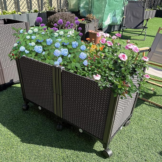 MAYOLIAH Deep Root Raised Garden Bed on Wheels Outdoor Large Plastic Planter Box with Drain Plugs, 31.5x15.7x19.7-inch Brown
