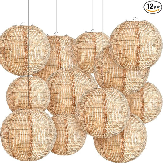 Hortsun 12 Pcs Print Burlap Paper Lanterns Round Chinese Paper Lanterns Farmhouse Boho Classroom Home Decor Classroom Sweet Birthday Party Ceremonial Event (8/10/12 Inch)