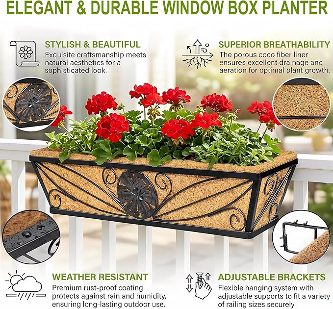 2 Pack 24 Inch Railing Planter Boxes with Coco Liner, Floral Scroll Metal Window Box Planters for Outdoor Plants, Black Hanging Window Baskets for Garden, Patio, Balcony Railing Decor