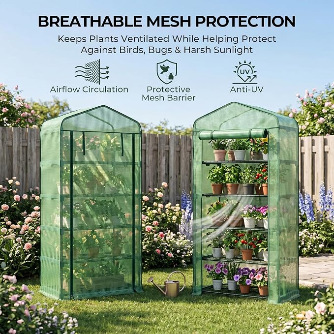 Worth Garden 5 Tier Mini Greenhouse - 75'' H x 27'' L x 19'' W - Sturdy Portable Gardening Shelves with Durable PE Cover w/ Roll-Up Zipper Door- Small Green House Indoor & Outdoor for Plants Flowers