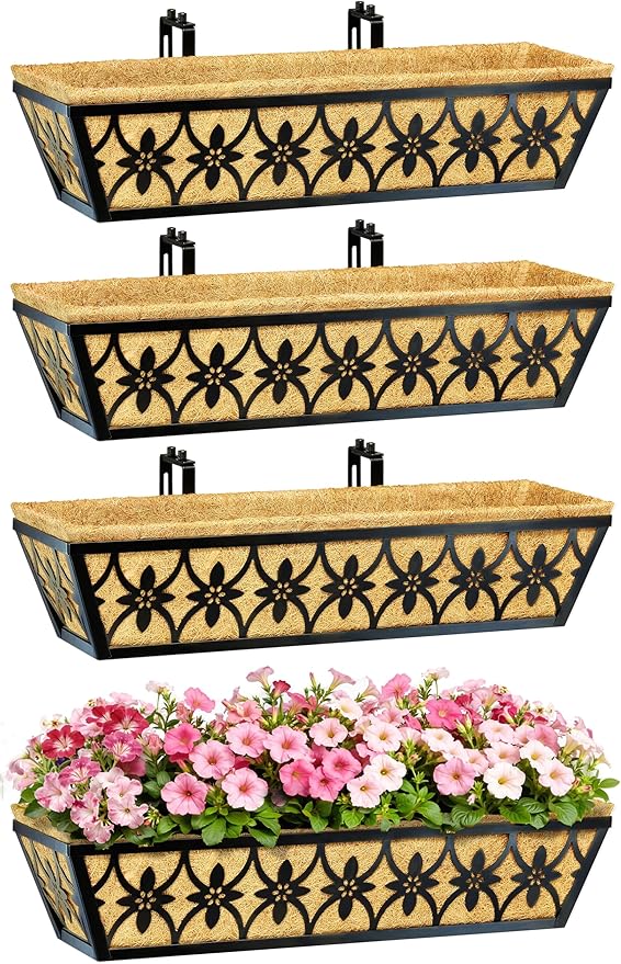 24 Inch Window Boxes Planters Railing Planter Box - 2 Pack Deck Railing Planter Boxes with Adjustable Brackets Coco Liners Balcony Planters Railing Hanging for Window Flower Boxes Outdoor Garden Decor