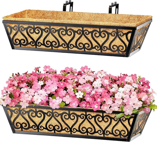2 Pack 24 Inch Deck Railing Planter Box - Window Boxes Planters with Adjustable Brackets Coco Liners Balcony Planters Railing Hanging for Window Flower Boxes Outdoor Garden Decor