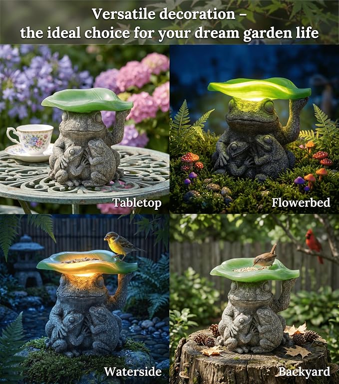 MXwcy Solar Frog Garden Statue with Bird Feeder, 7.8'' Resin Frog Family Solar Garden Light Outdoor Waterproof, Cute Yard Decor for Patio Lawn Backyard, Garden Gifts for Mom Grandma Women