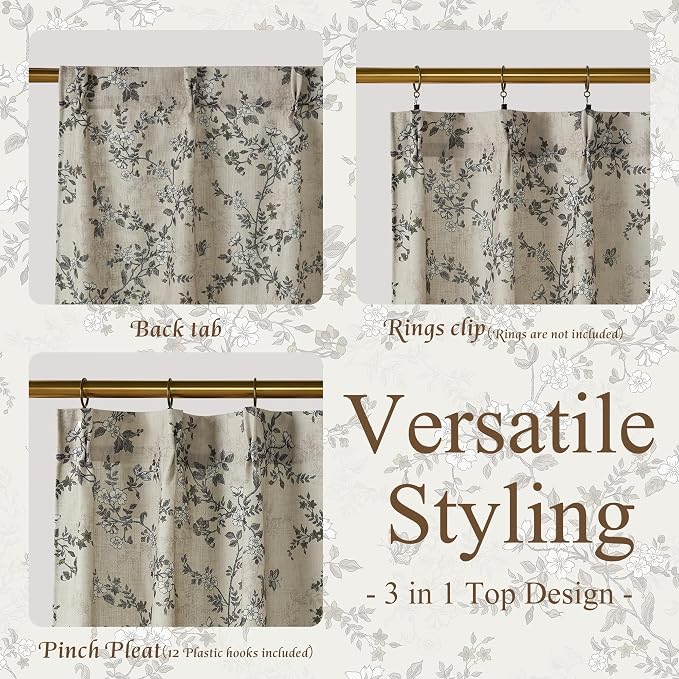 StangH Kitchen Cafe Curtains Pinch Pleat Floral Curtains for Small Window,Luxurious Vintage Linen Sheer Block Print 36 Inch Long Half Drapes for Windows,Porcelain,26Wx36L,2 Panels
