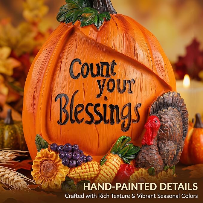 Topadorn Thanksgiving Pumpkin Figurine with Count Your Blessings Quote, Harvest Turkey Statue with Sunflowers, Fall Table Decor