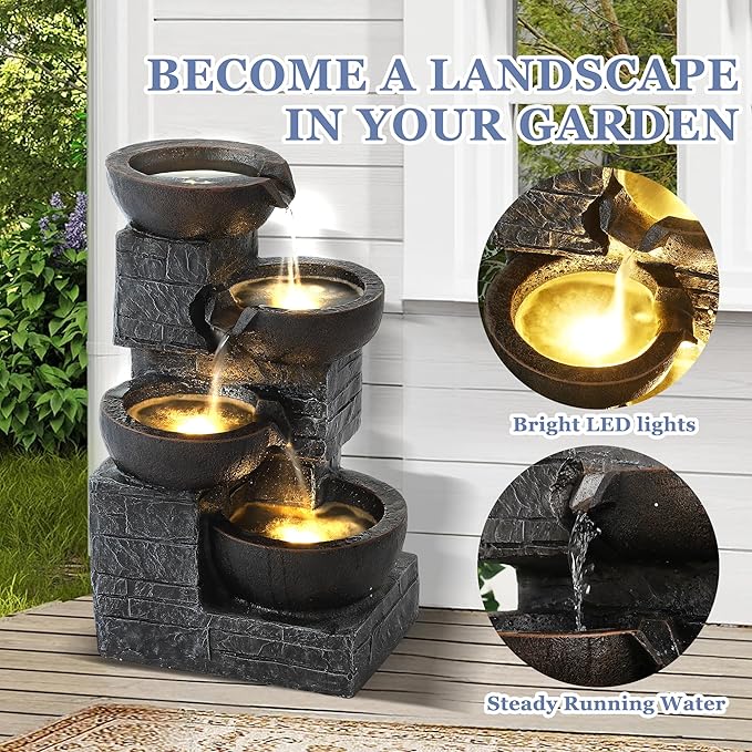Grepatio Outdoor 4-Tiers Water Fountain, Garden Cascading Waterfalls Fountain with 4 LED Lights, 21.9" H Modern Indoor/Outdoor Bowl Waterfall Feature Water Fountains for Garden, Yard Decor (Brown)